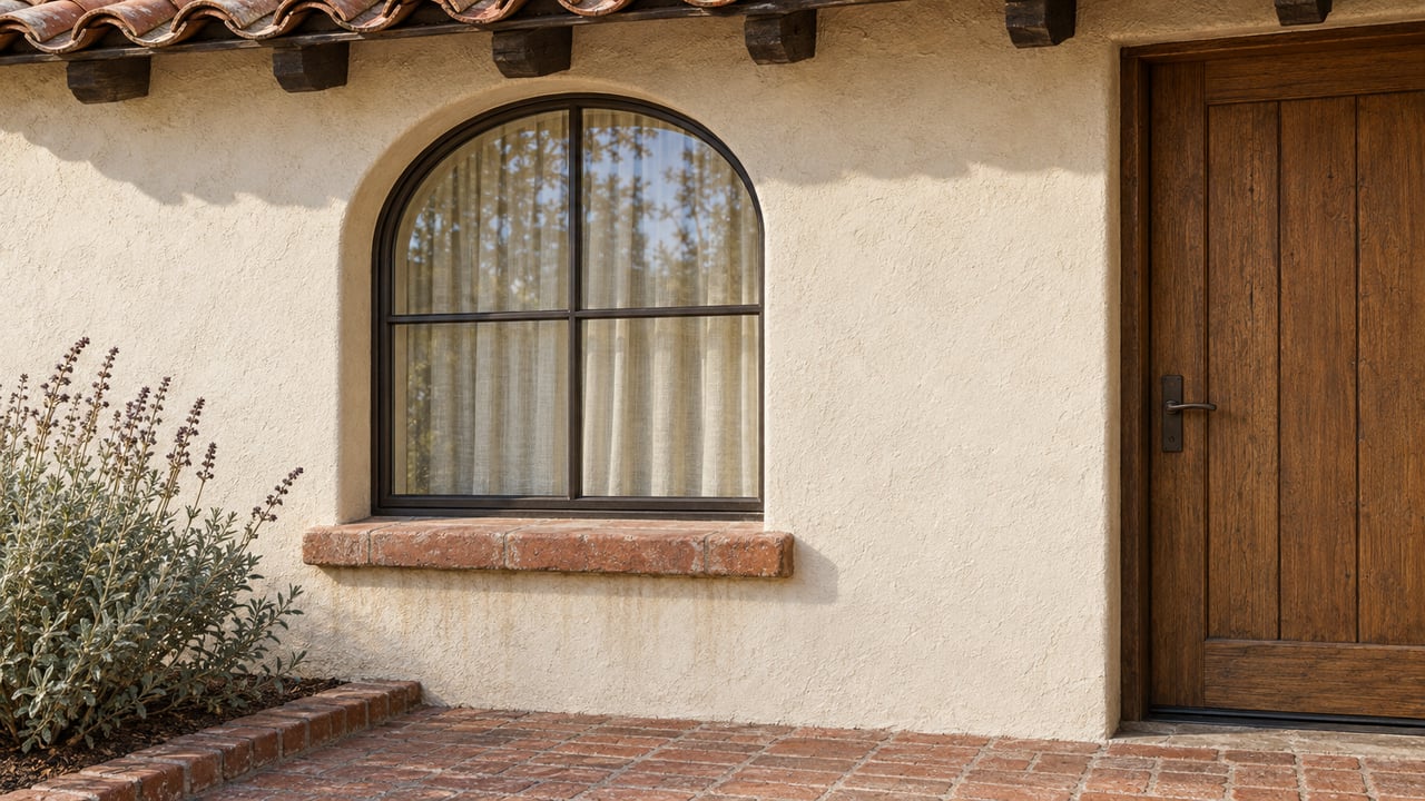Close view of an arched window in textured cream stucco beside an oak entry door, above a weathered brick porch and a single flowering sage plant.