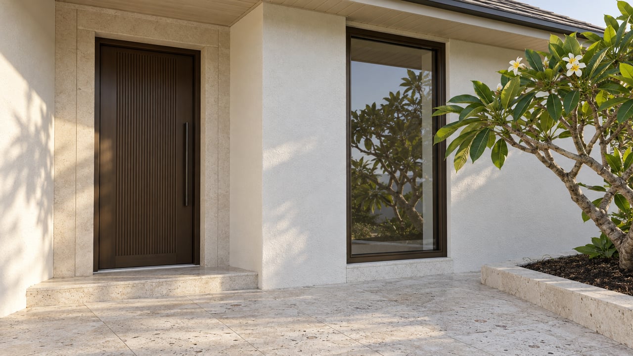 Sheltered home entrance with a ribbed oak door, bronze-framed window, pale stone pavers, and a plumeria tree.
