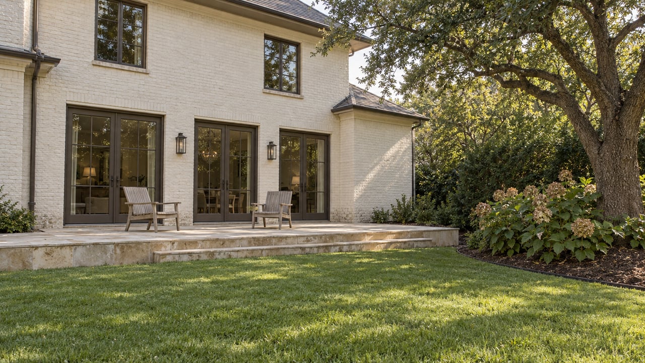 Ivory painted-brick home with bronze-framed glass doors, a limestone terrace, and a deep green lawn beneath a mature live oak.