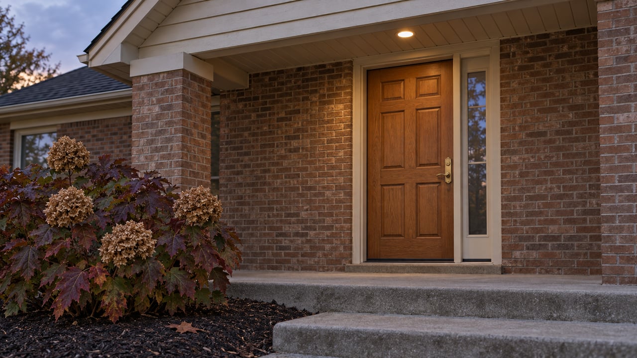 Brick home entry at dusk with an oak door, cream clapboard gable, worn concrete steps and burgundy oakleaf hydrangea.