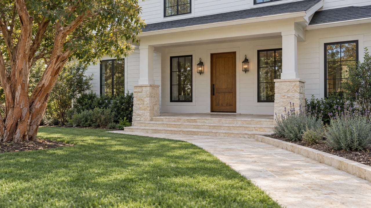Sunlit white-sided home with limestone porch piers, black-framed windows and a stone approach across a landscaped front garden.