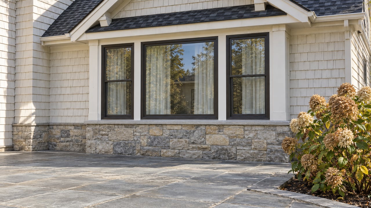Light cedar-shingle window bay with dark bronze glazing above a limestone base and terrace, beside tawny hydrangea flower heads.