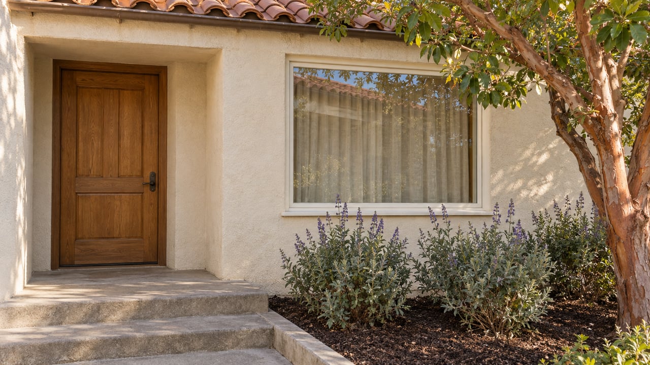 Ivory stucco home entry with an oak door, terracotta eave, closed front window and carefully spaced planting beside concrete steps.