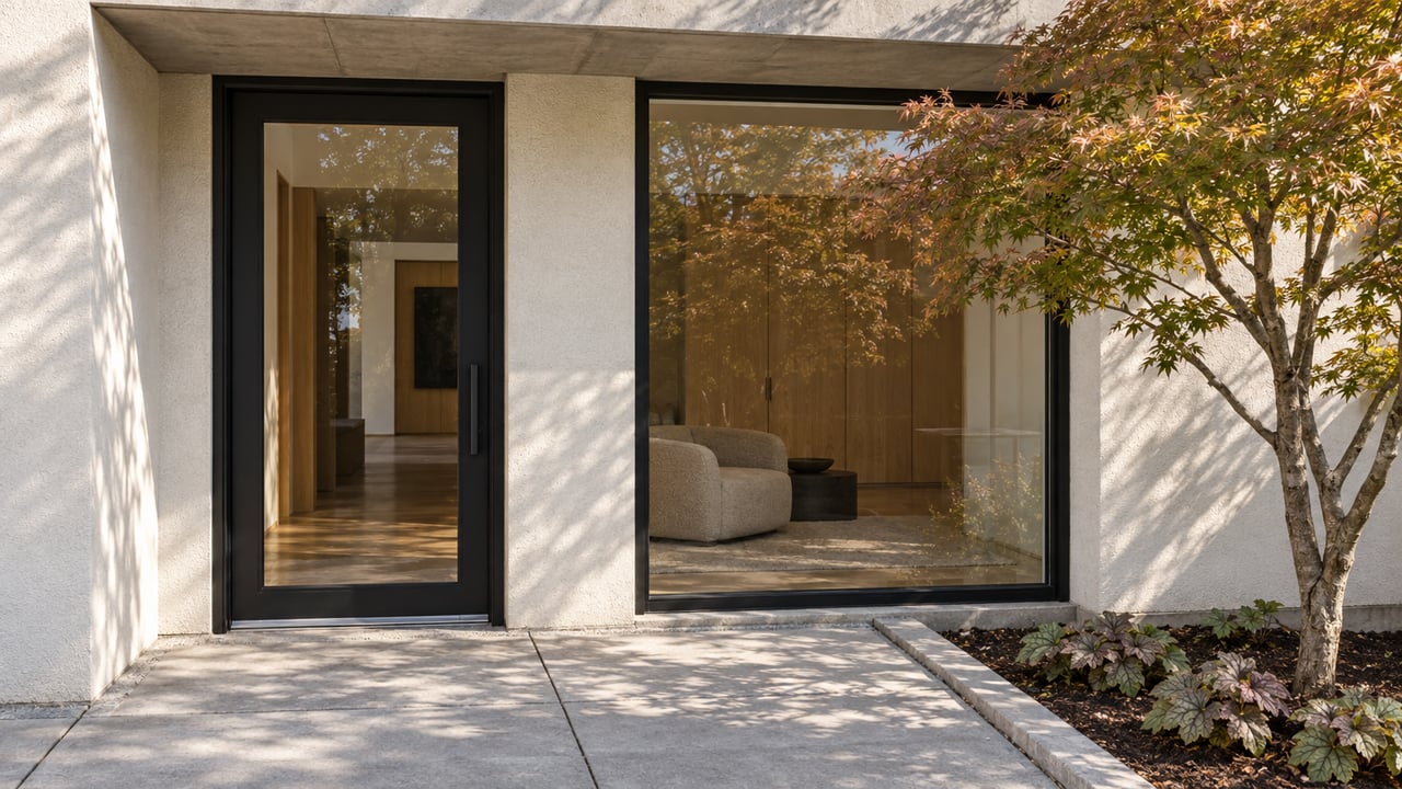 Close view of a modern home's glass entry, warm oak interior and concrete terrace beside a Japanese maple.