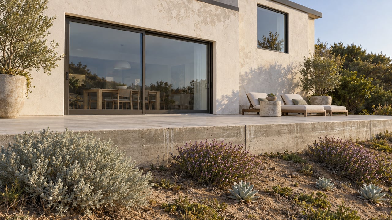 Warm-white two-story stucco home above a concrete terrace, with native plants on the sandy slope below.