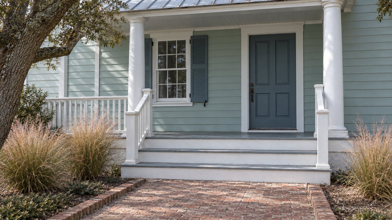Coastal house entrance with broad brick steps, white porch columns, seafoam siding, and tawny ornamental grasses.