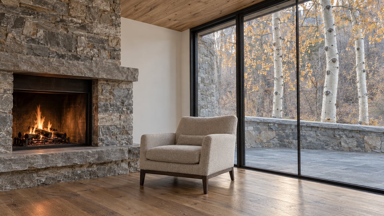 A wool lounge chair beside a quartzite fireplace, beneath an oak ceiling, with closed black steel glazing overlooking a stone terrace and autumn aspen trunks.