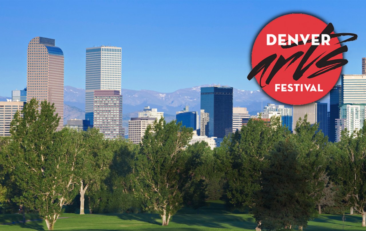 Denver skyline featuring Denver Arts Festival 2026 branding for the Memorial Day weekend event in Central Park
