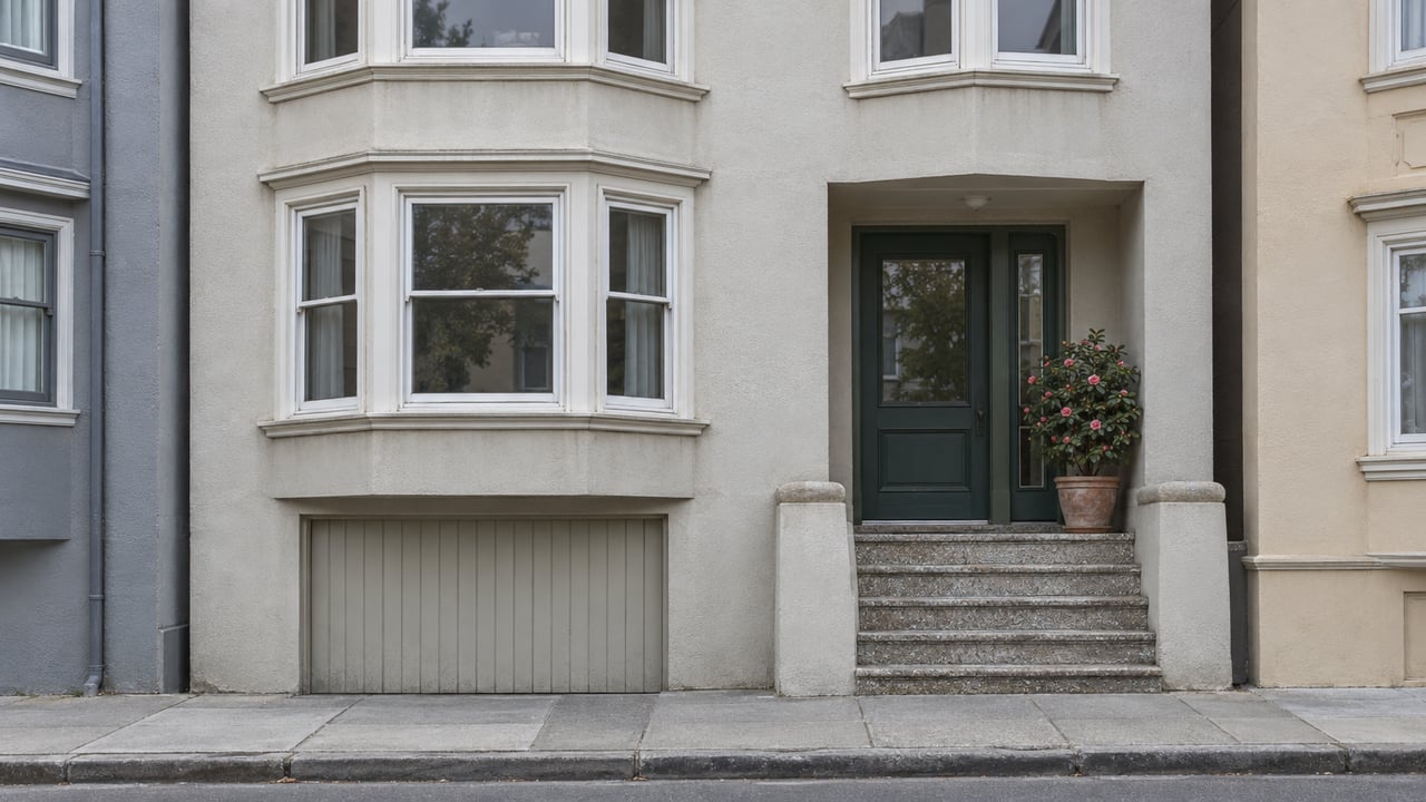 Pale stucco city home with projecting bay windows, a recessed green door and worn terrazzo entrance steps in soft daylight.