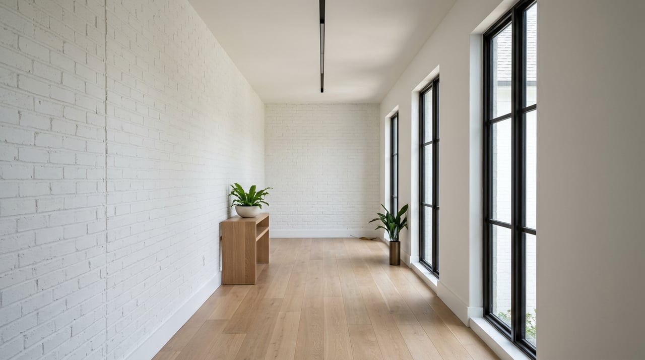 White-brick gallery corridor with oak flooring, tall casement windows, and potted plants.