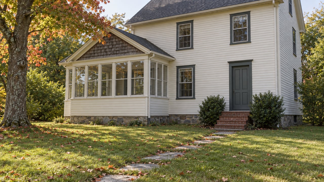 Traditional clapboard house with an enclosed porch behind a lawn and diagonal granite stepping stones, framed by a russet tree.