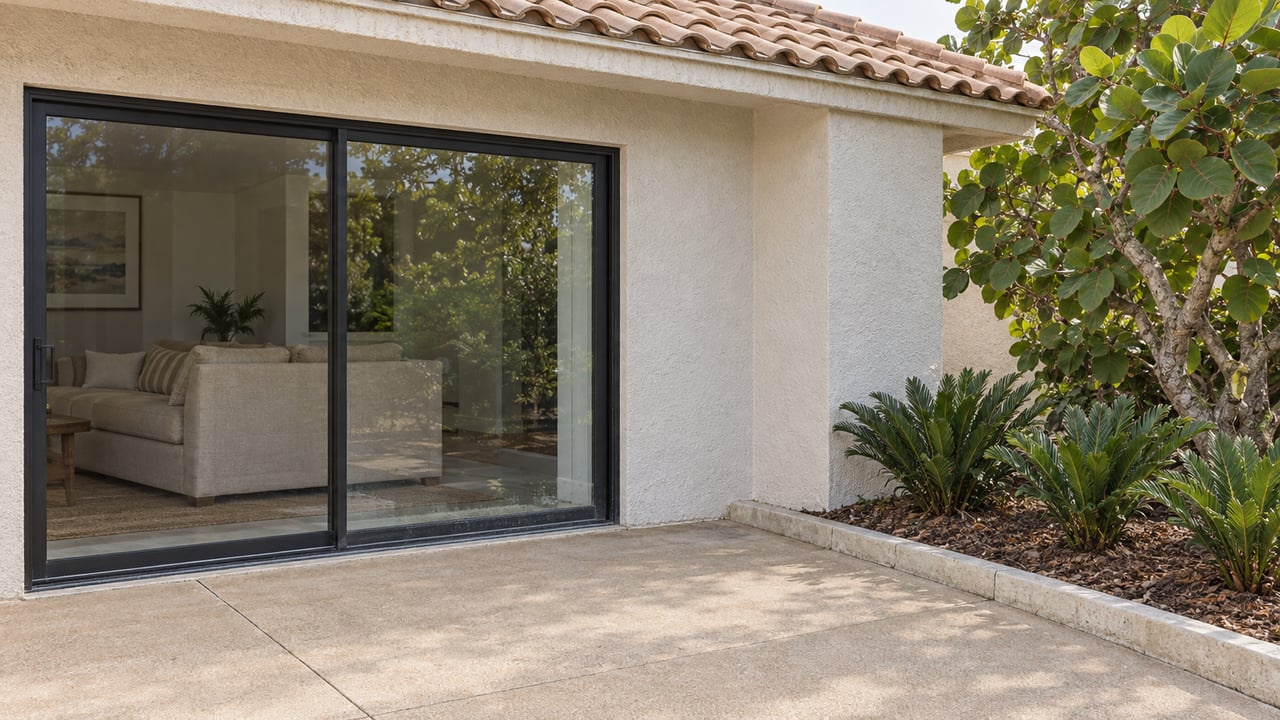 Cream stucco home with a tan tile roof, closed black-framed sliding doors and a concrete terrace beside sea grape and coontie planting.