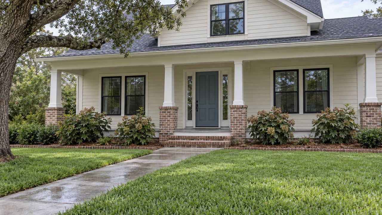Light lap-sided two-story home with a blue-gray front door, brick porch steps, oak canopy and a deep green front lawn.