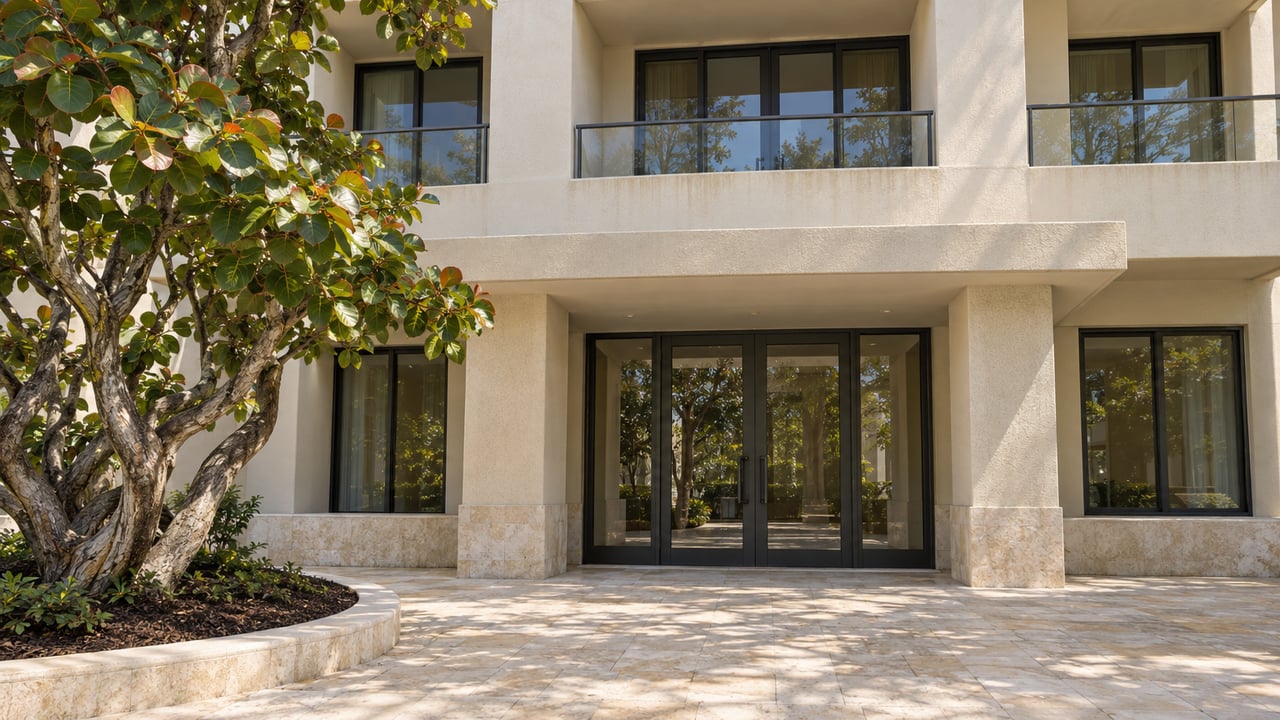 Cream-stucco residential building entrance with dark-framed glazing, pale limestone paving and a sculptural sea-grape tree.