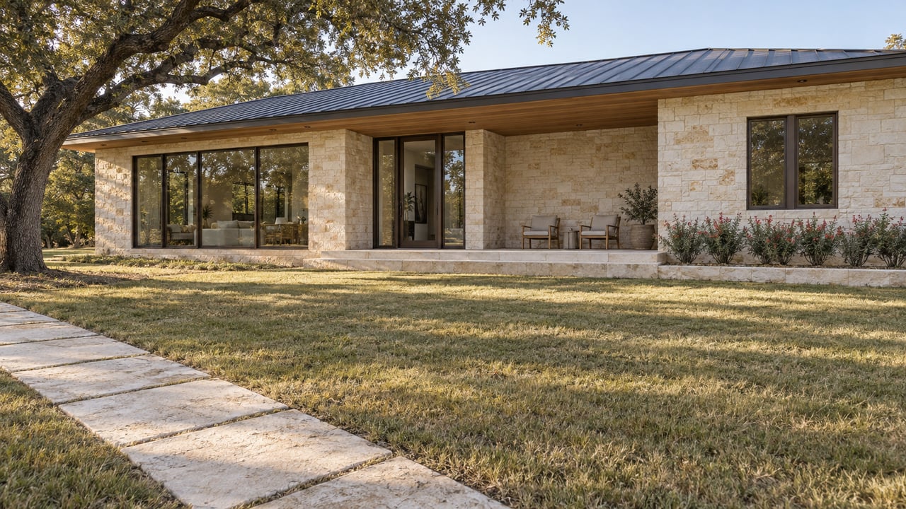 Pale limestone home with dark metal roofing, a shaded terrace and a deep autumn lawn beneath a mature oak.