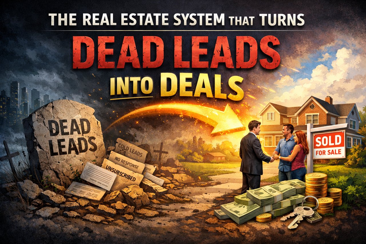 Illustration showing a real estate system that transforms dead leads into successful deals, with a gravestone labeled “Dead Leads” on the left and a vibrant handshake in front of a sold home on the right, connected by a glowing arrow.