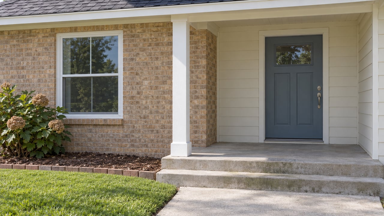 Sunlit tan-brick and cream-sided home entry with a blue-gray door, concrete steps, and an oakleaf hydrangea beside the window.