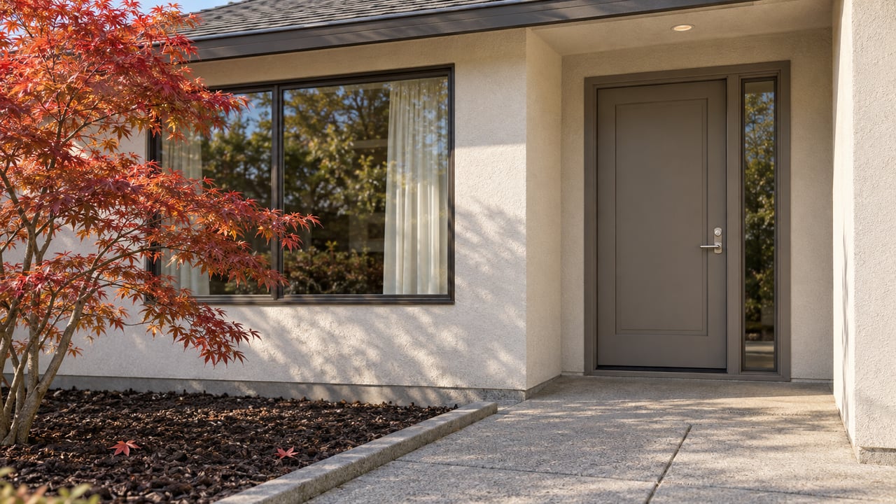 Ivory stucco ranch entry with a gray door, bronze-framed window, concrete walk and a red-orange Japanese maple.