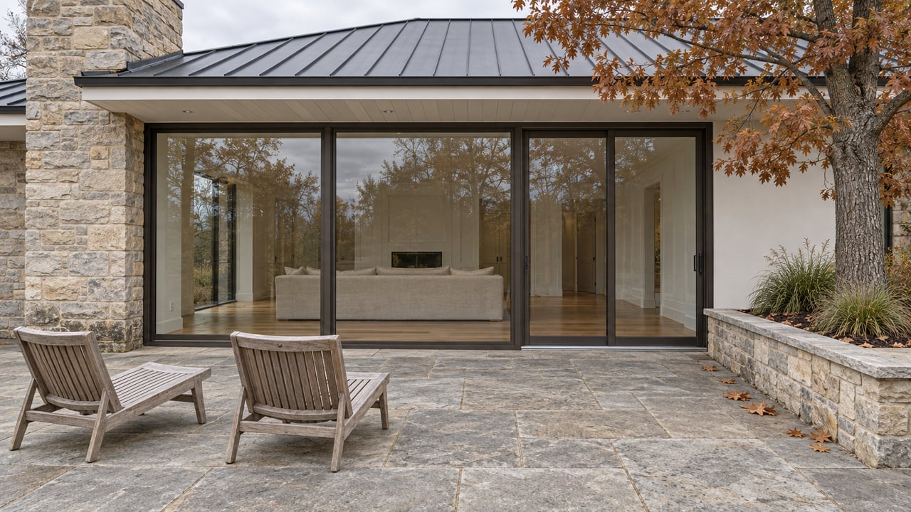 Autumn stone terrace with three glazed bays, a limestone chimney, teak chairs, and russet oak leaves.