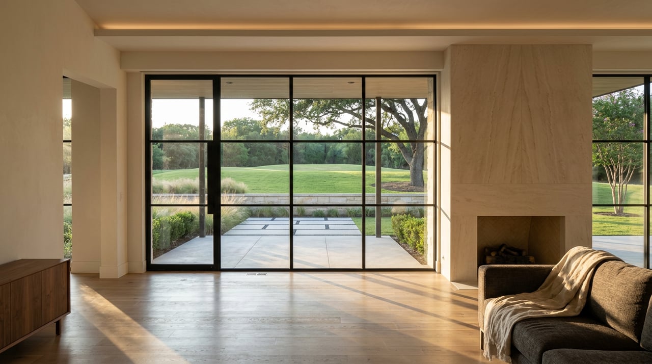Sunlit great room with a limestone fireplace, black-mullioned glass wall, and rising lawn beyond.