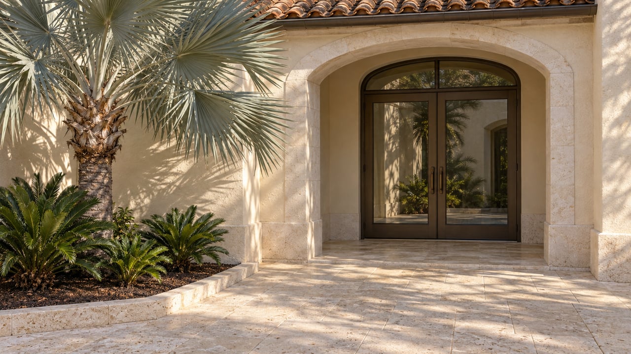 Cream stucco home entrance with bronze-framed arched glazing, weathered terracotta roof tiles, limestone paving and a silver-backed fan palm.