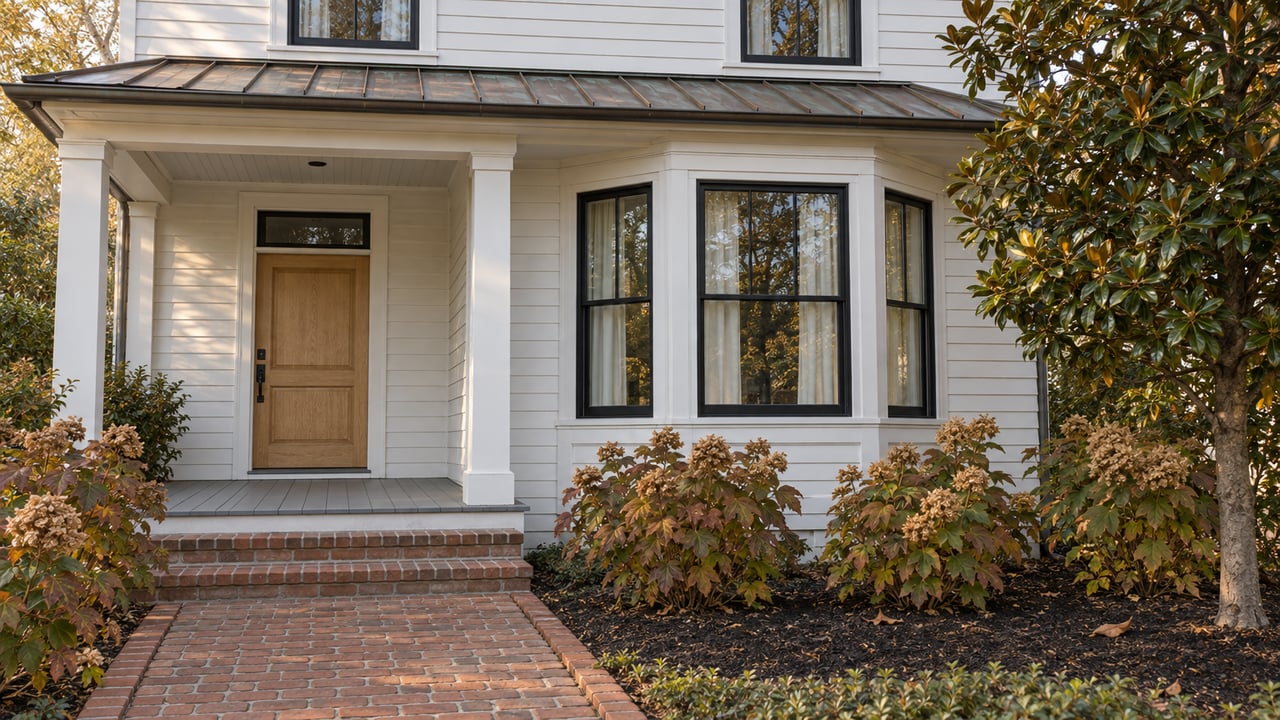 White clapboard home with a bronze porch roof, brick approach, black-framed bay windows and autumn hydrangeas.
