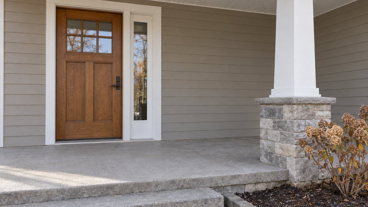 Late-autumn covered porch with a warm oak entry door, taupe lap siding, a stone-base white column, and dried hydrangea blossoms.