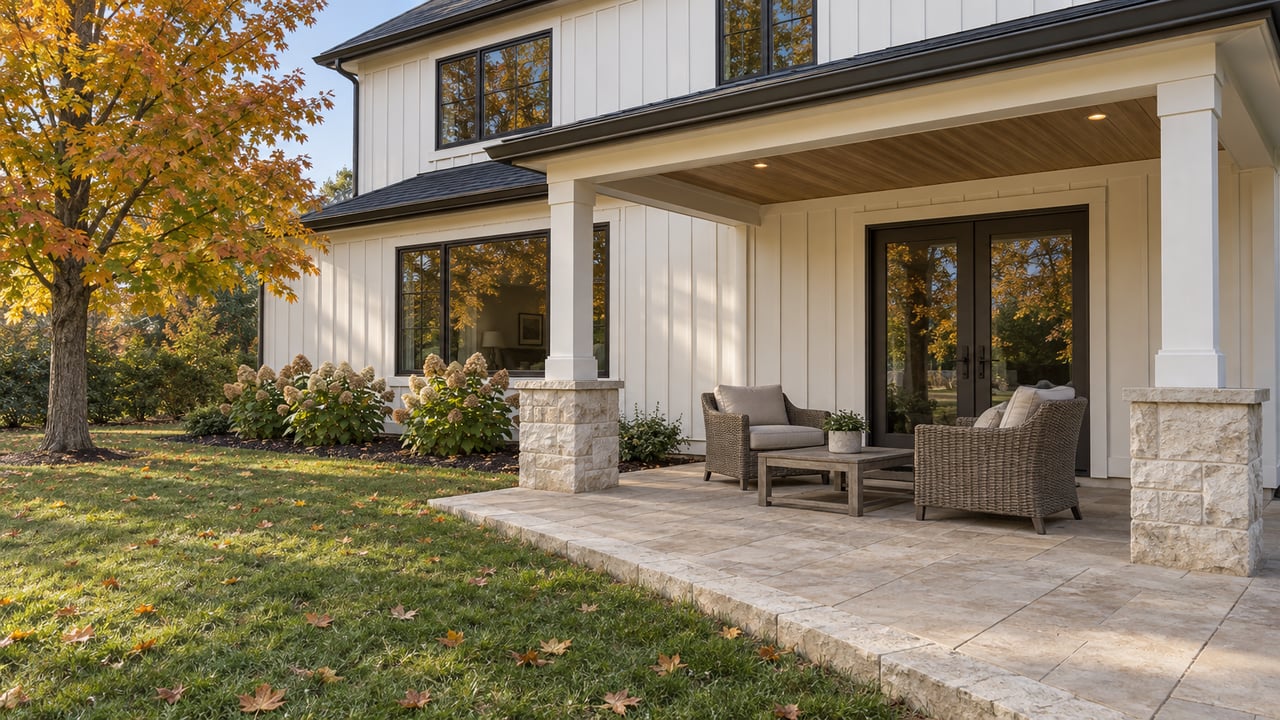 Light board-and-batten home with a sheltered stone-edged patio, woven chairs and an autumn maple beside a broad lawn.