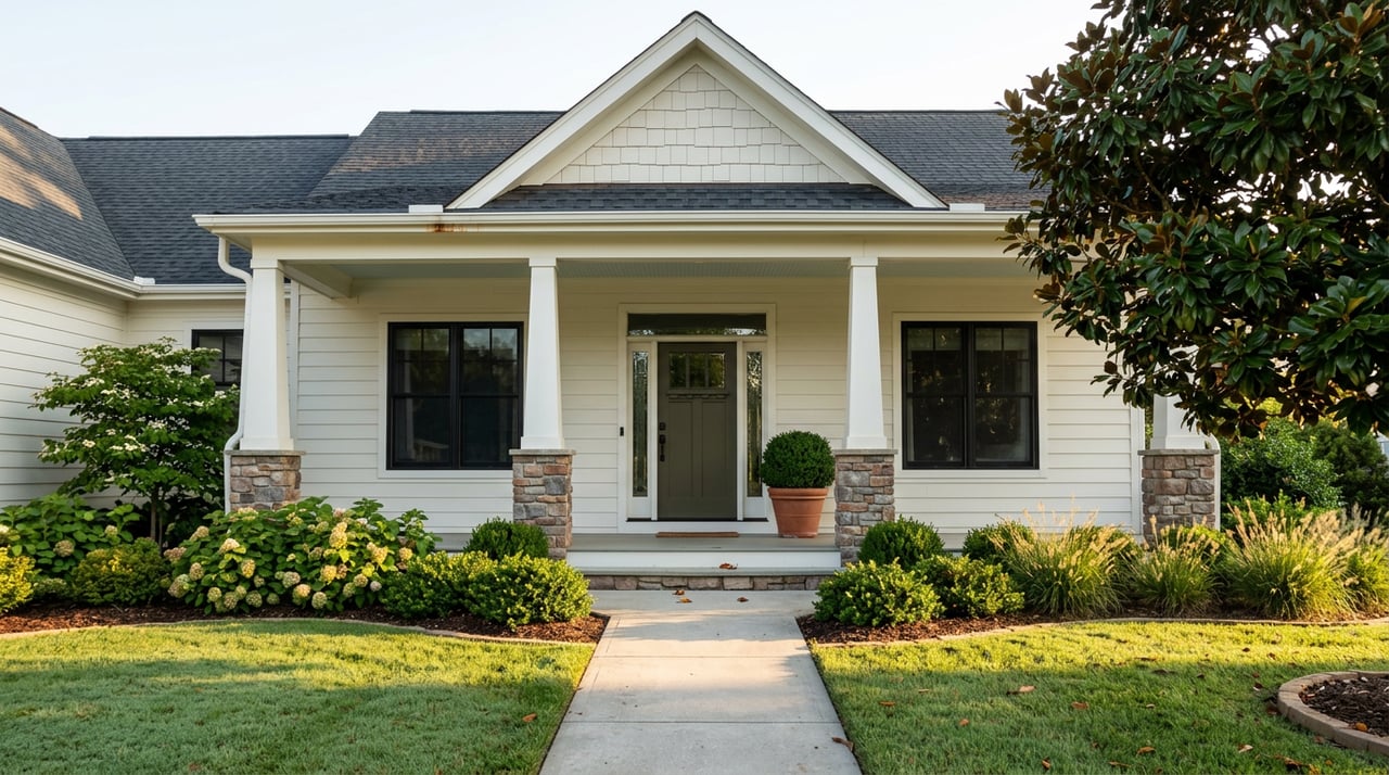 Craftsman-style home with a deep front lawn, stone porch columns, and a mature magnolia tree.