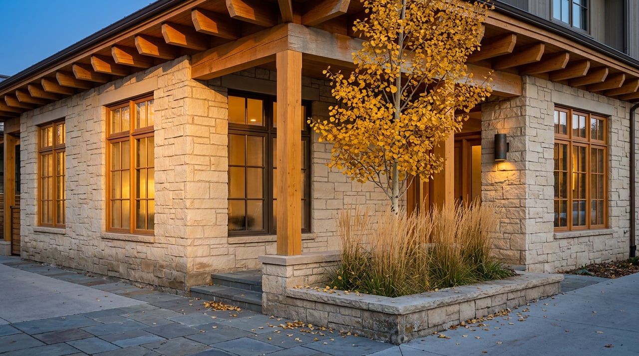 Stone-and-timber corner entrance with glowing windows, golden aspens, and fallen leaves on the sidewalk.