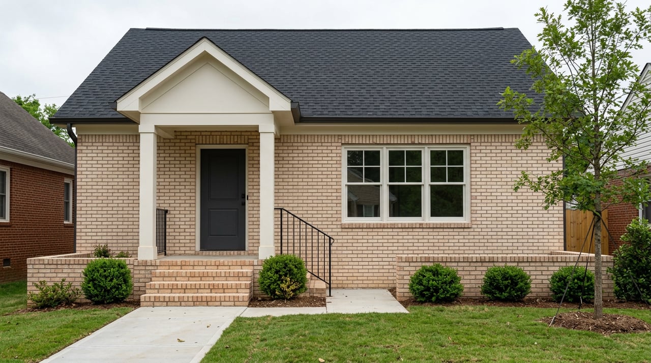 New brick home with charcoal door, brick steps, fresh sod, and a staked young oak in a narrow front yard.