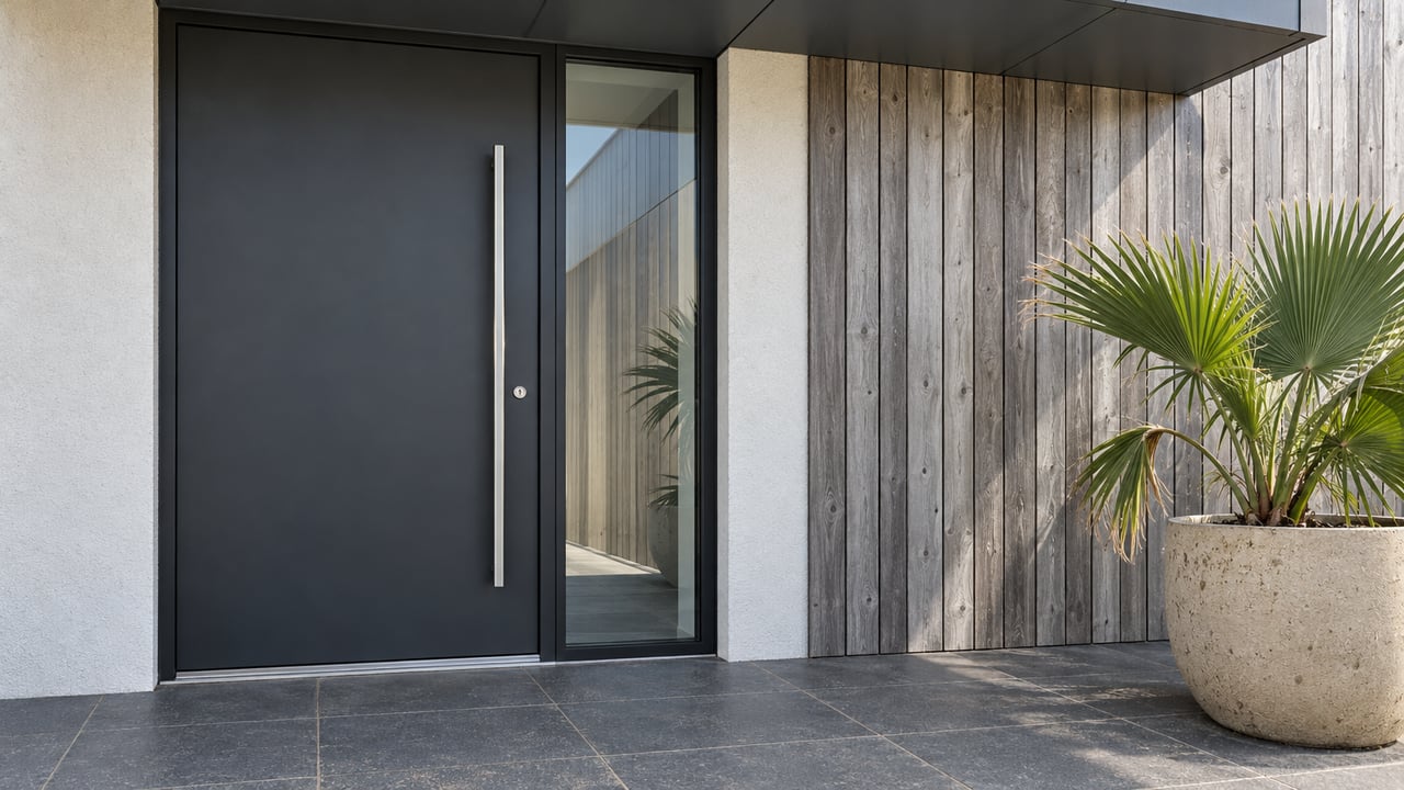 Covered contemporary entry with a charcoal door, silvered cedar cladding, dark tiled landing and a single fan palm in a concrete planter.