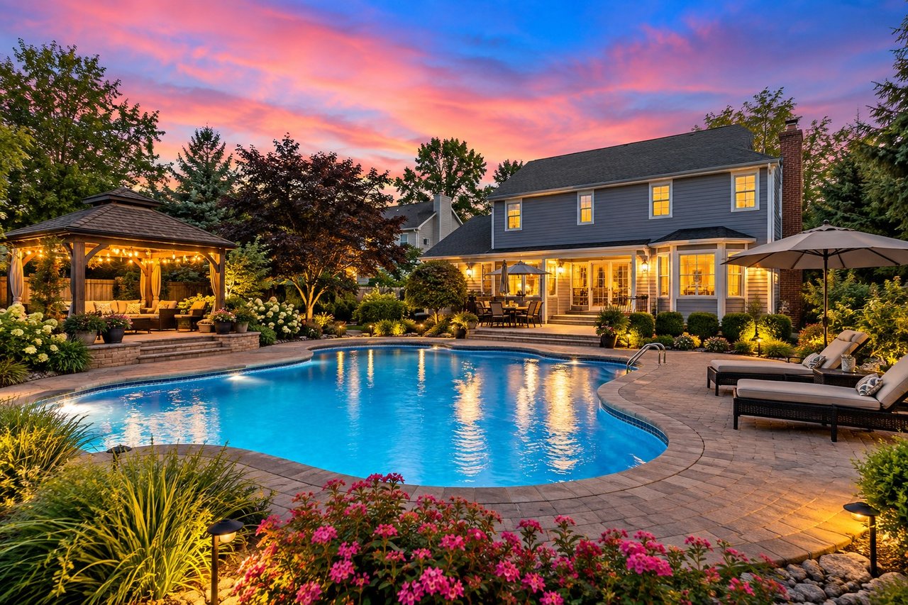 Two-story home beside a swimming pool, with a lighted gazebo and patio at dusk.