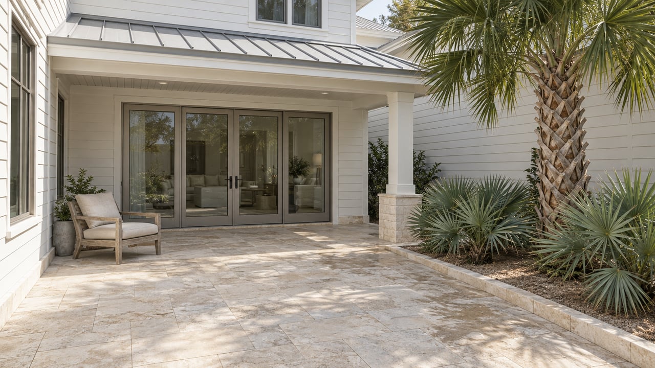 White-sided home with closed glass patio doors, a teak lounge chair and pale limestone courtyard beside a sculptural palm.