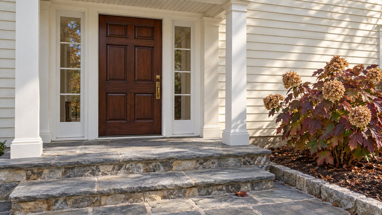 Traditional cream-clapboard entry with a mahogany door, paired glass sidelights, gray stone steps and burgundy oakleaf hydrangea.
