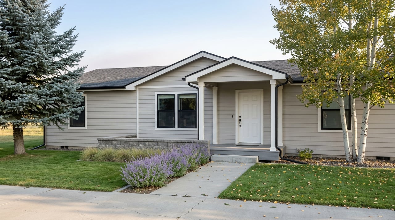 Manufactured home with warm gray siding, covered porch, gray-block planter wall, blue spruce, and golden aspen leaves.