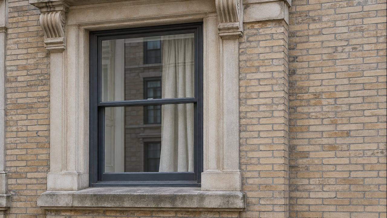 Tall charcoal-painted sash window framed by softly weathered limestone and buff brick, with a linen curtain behind closed glass.