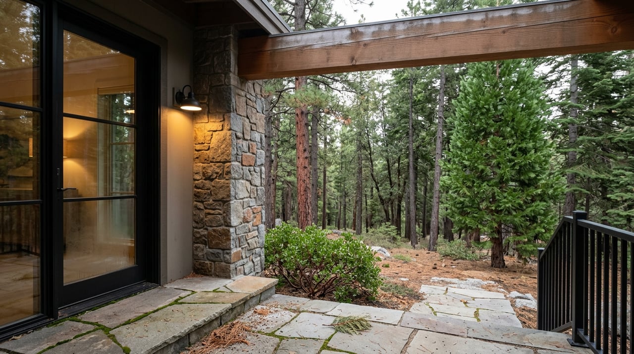 Covered mountain-home porch with fieldstone pier, glowing glass door, mossy pavers, and dense conifers beyond.