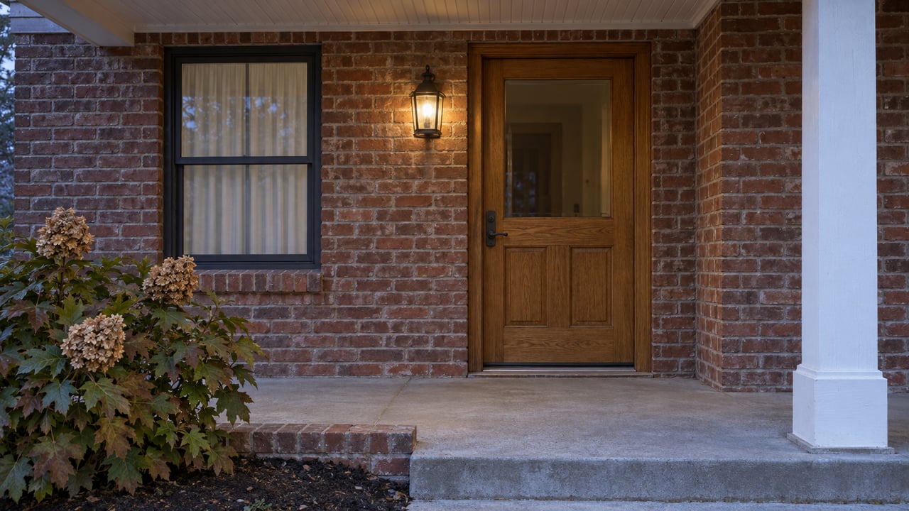 Brick home entrance with a wooden door, glowing porch lantern, and hydrangeas.