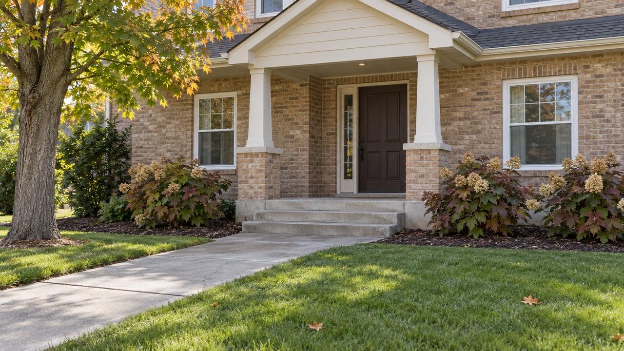 Tan brick home with a gabled covered porch, white-trimmed windows, concrete approach and autumn-tinted planting beside a broad lawn.