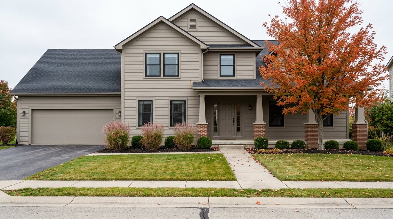 Two-story greige house with a covered porch, attached garage, and orange-red maple beside the walkway.