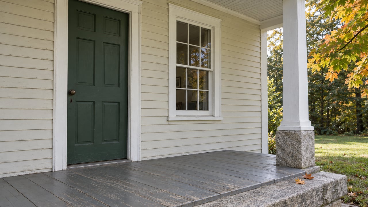 Cream clapboard farmhouse porch with a deep green door, white sash window, worn gray floorboards and a granite step beside autumn maple leaves.