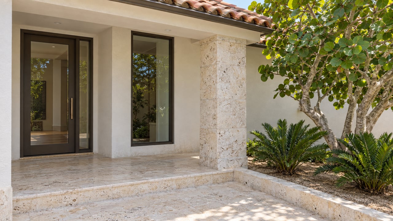 Covered entry with warm-white stucco, shell-limestone paving, bronze-framed glass and a sculptural sea-grape tree.