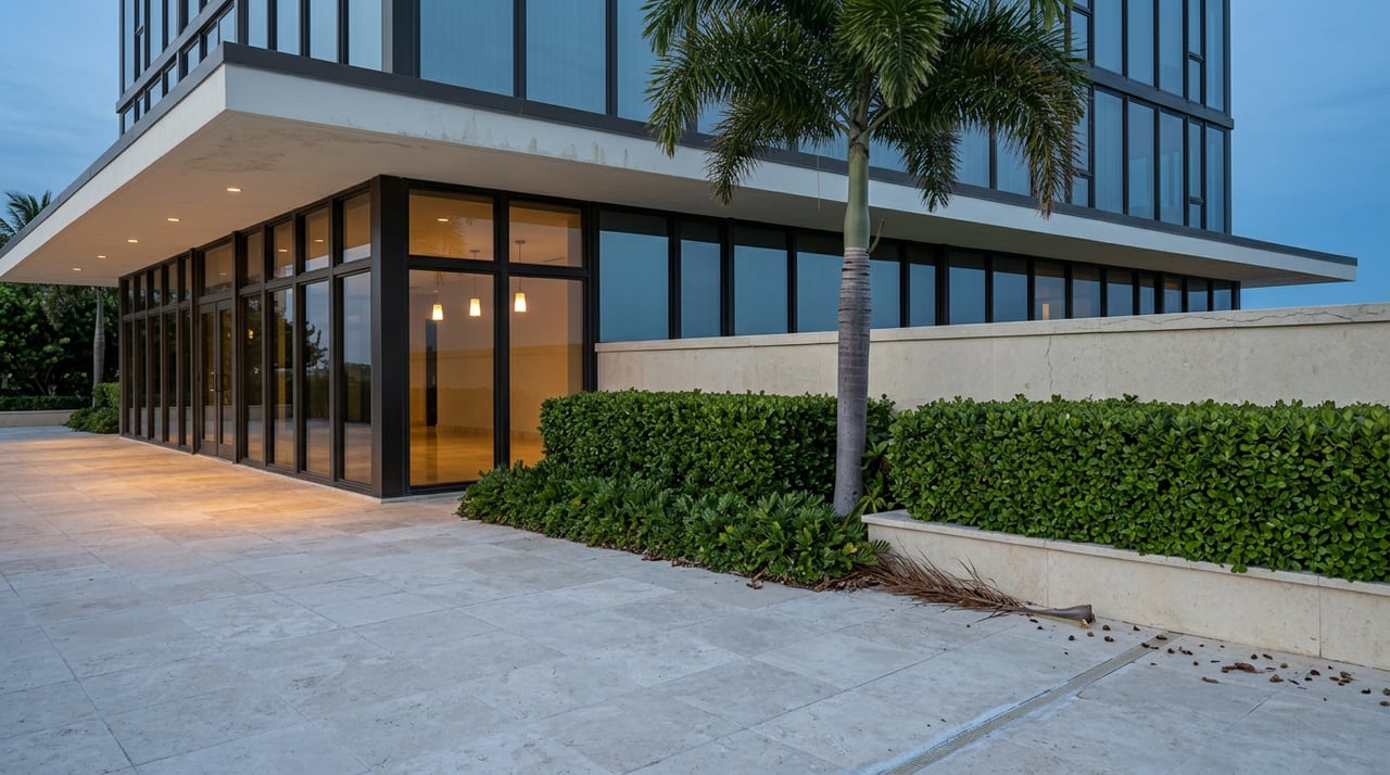 Royal palm beside a clipped hedge and travertine promenade, with warm lights glowing through a glass tower at dusk.