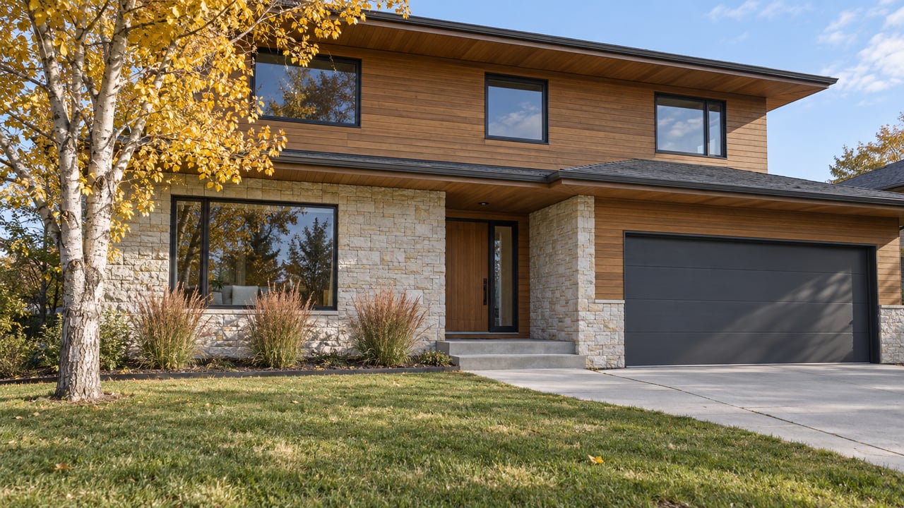 Autumn sunlight on a two-story timber-and-limestone home, with dark window frames, a deep front lawn, and a golden-leaved aspen.