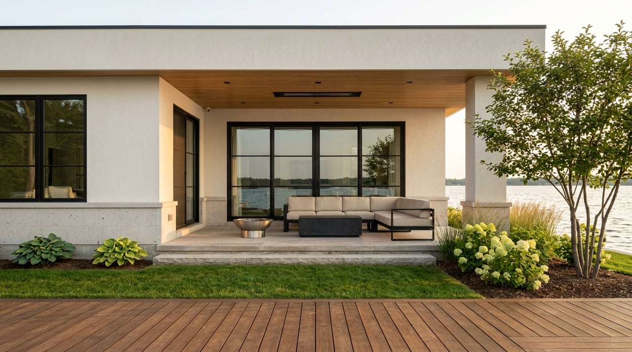 Modern luxury home’s lakeside terrace overlooking the water.