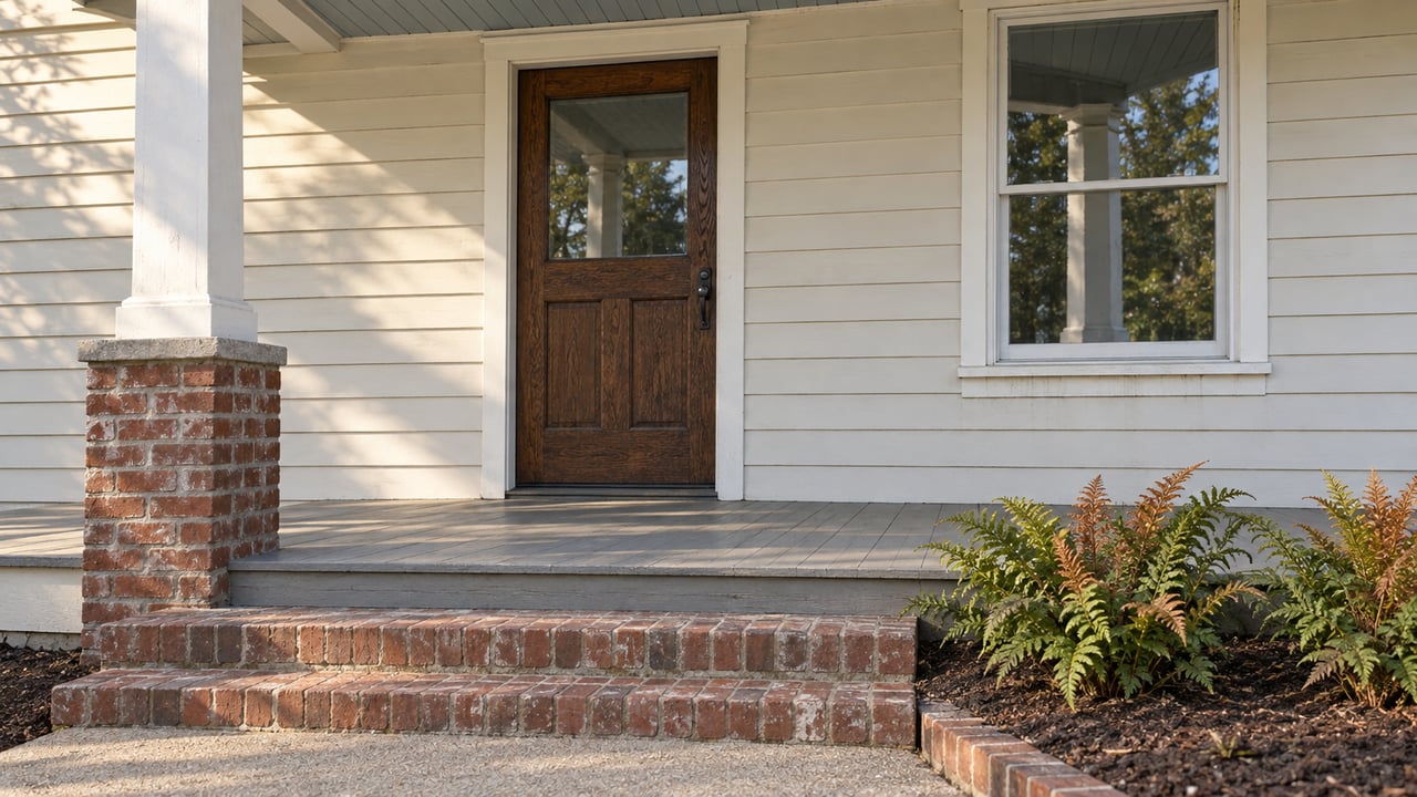 White timber home with a shaded front porch, an oak door, a sash window, weathered brick steps and copper-tipped ferns beside the approach.