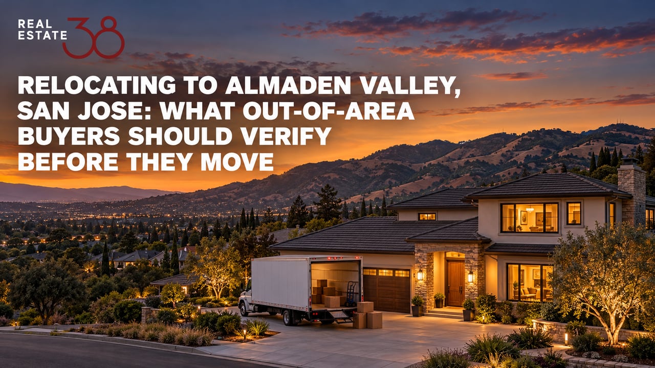Moving truck parked in an Almaden Valley hillside driveway at dusk, with San Jose foothills and rooftops in the background.