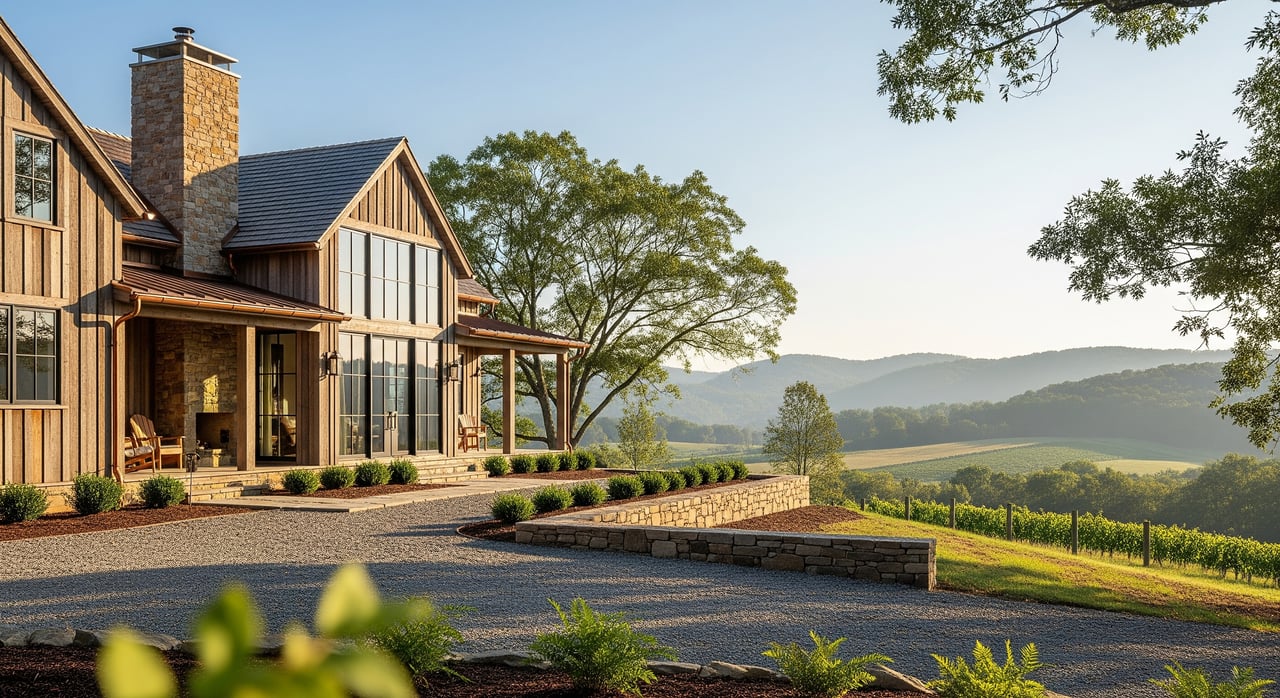 Modern timber-and-stone house overlooking rolling hills and a green valley.