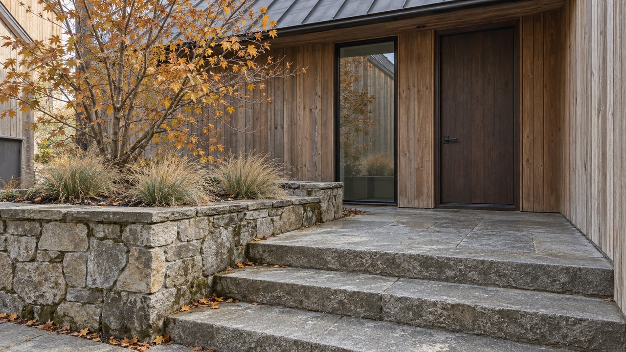 Cedar-clad hillside home entry above broad stone steps, with a quartzite retaining wall and an autumn maple.